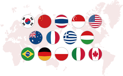 韓國、中國、泰國、新加坡、美國、澳洲、法國、希臘、匈牙利、巴西、德國、波蘭、義大利、加拿大的國旗