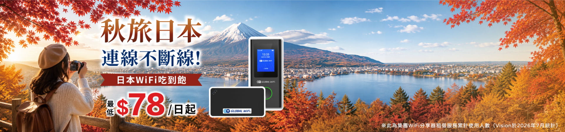 GLOBAL WiFi的分享器,藍天白雲背景,地球及旅客的圖案