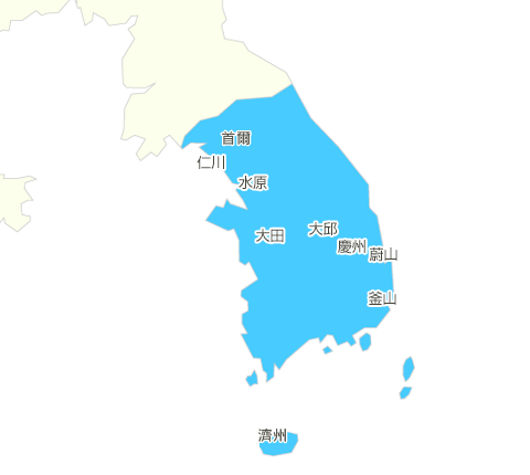 水藍色底色的南韓地圖,標記著首爾、仁川,水原、大田、大邱、慶州、蔚山、釜山、濟州。