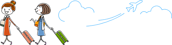 拉著紅色行李箱穿紅洋裝的包頭女性與拉著綠色行李箱穿藍洋裝的短髮女性走在一起的插圖